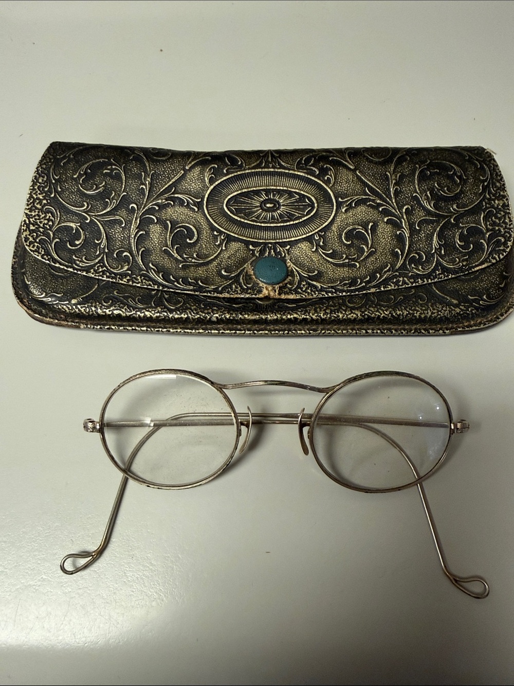 Vintage Sterling Silver Round Wireframe Glasses with Ornate Metal Case Berkeley